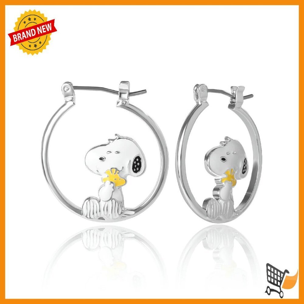 Silver Hoop Earrings with Snoopy Woodstock Pendant, Latch Back Closure